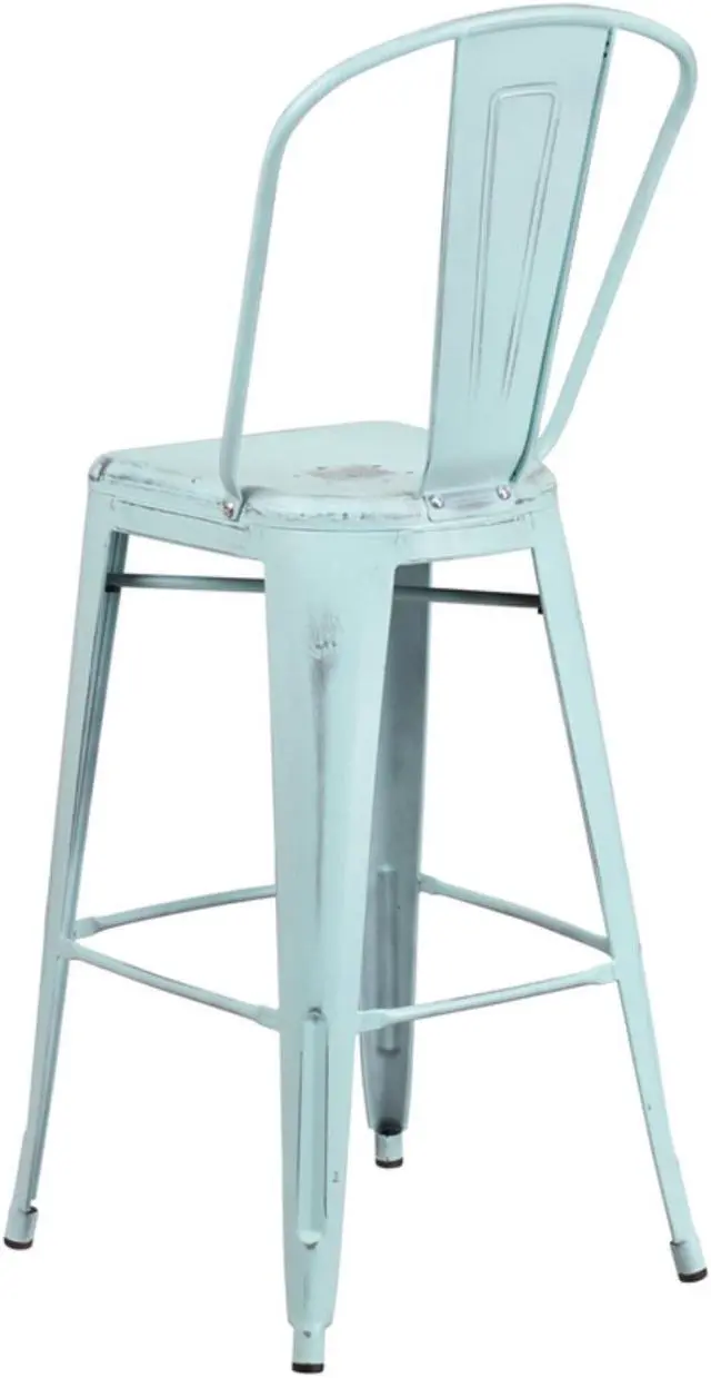 Alt view image 18 of 18 - Commercial Grade 30" High Distressed Green-Blue Metal Indoor-Outdoor Barstool with Back