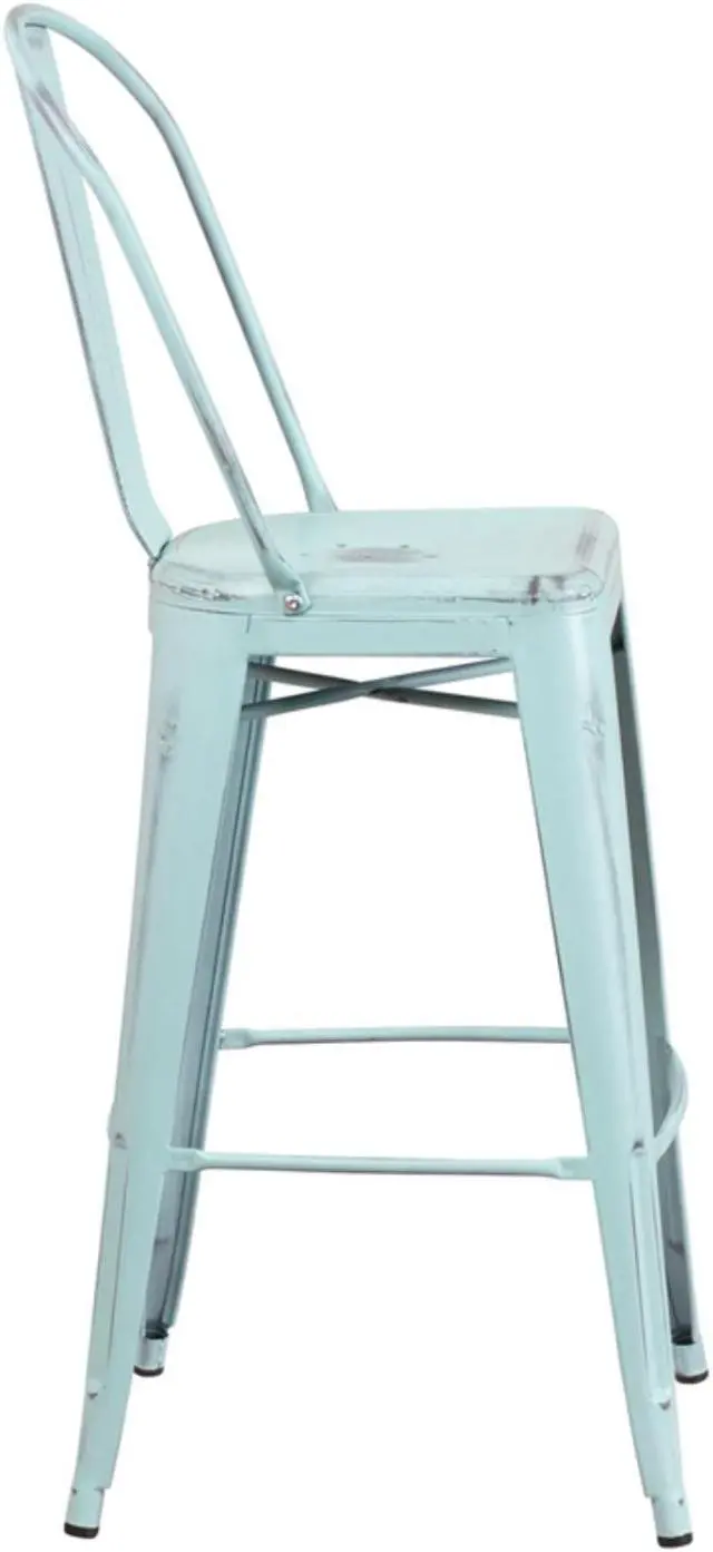 Alt view image 17 of 18 - Commercial Grade 30" High Distressed Green-Blue Metal Indoor-Outdoor Barstool with Back