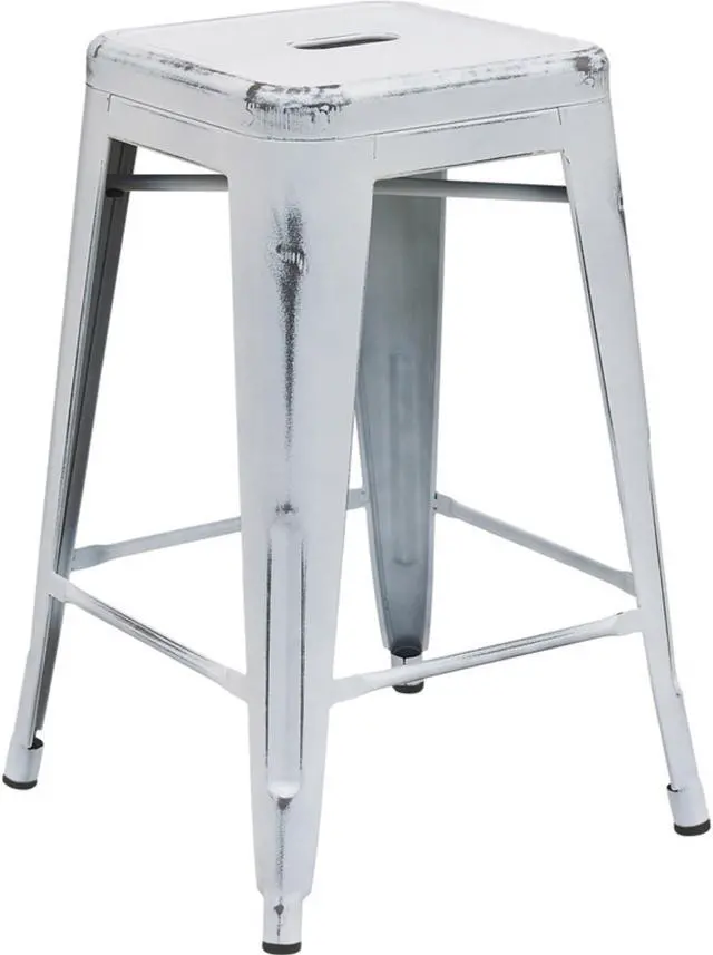 Alt view image 12 of 12 - Commercial Grade 24" High Backless Distressed White Metal Indoor-Outdoor Counter Height Stool