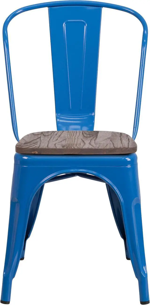 Alt view image 17 of 17 - Blue Metal Stackable Chair with Wood Seat