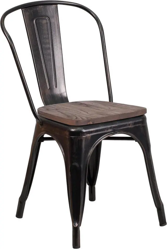 Alt view image 16 of 19 - Black-Antique Gold Metal Stackable Chair with Wood Seat