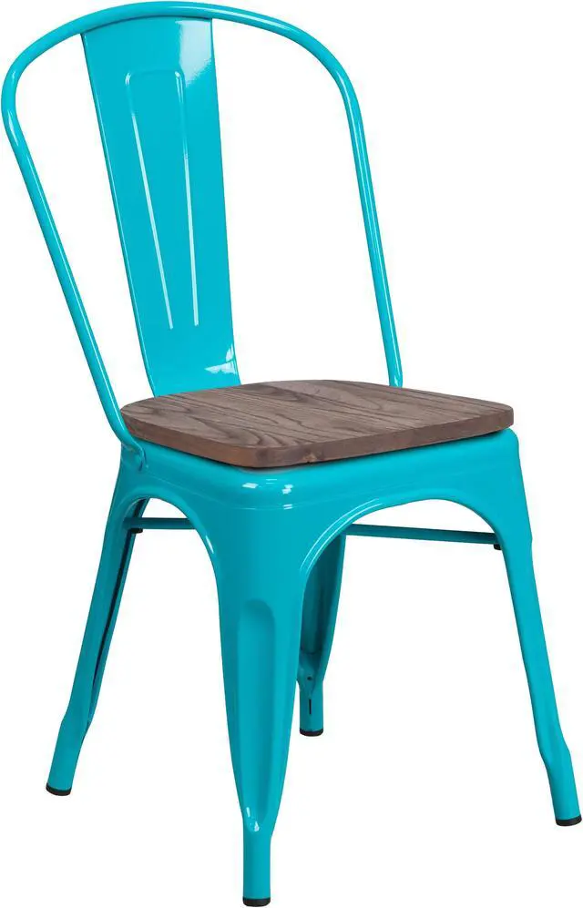 Alt view image 17 of 20 - Crystal Teal-Blue Metal Stackable Chair with Wood Seat
