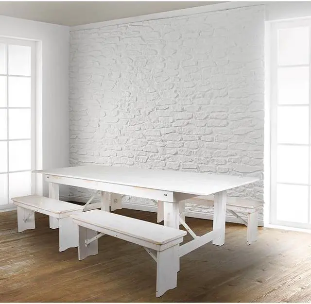 Alt view image 2 of 13 - HERCULES Series 8' x 40" Antique Rustic White Folding Farm Table and Four 40.25"L Bench Set