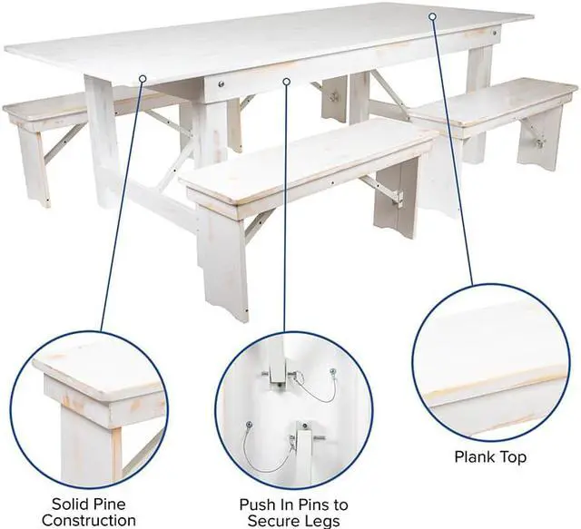 Alt view image 4 of 13 - HERCULES Series 8' x 40" Antique Rustic White Folding Farm Table and Four 40.25"L Bench Set