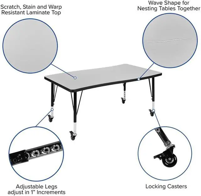 Alt view image 3 of 11 - Mobile 28"W x 47.5"L Rectangular Wave Flexible Collaborative Grey Laminate Activity Table - Height Adjustable Short Legs