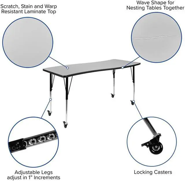 Alt view image 3 of 9 - Mobile 26"W x 60"L Rectangular Wave Flexible Collaborative Grey Laminate Activity Table - Standard Height Adjustable Legs