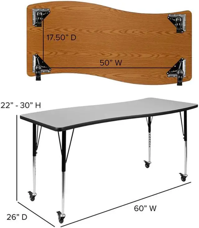 Alt view image 4 of 9 - Mobile 26"W x 60"L Rectangular Wave Flexible Collaborative Grey Laminate Activity Table - Standard Height Adjustable Legs