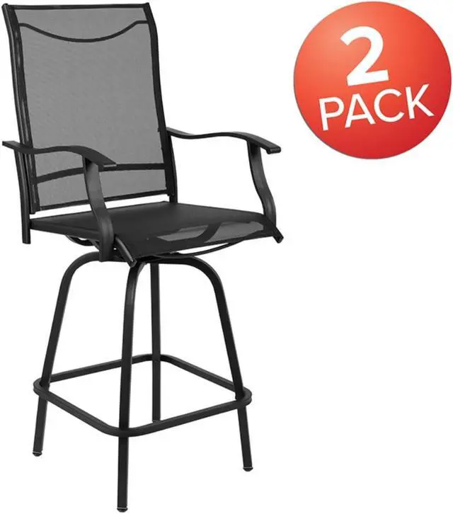 Alt view image 6 of 14 - Patio Bar Height Stools Set of 2, All-Weather Textilene Swivel Patio Stools and Deck Chairs with High Back & Armrests in Black