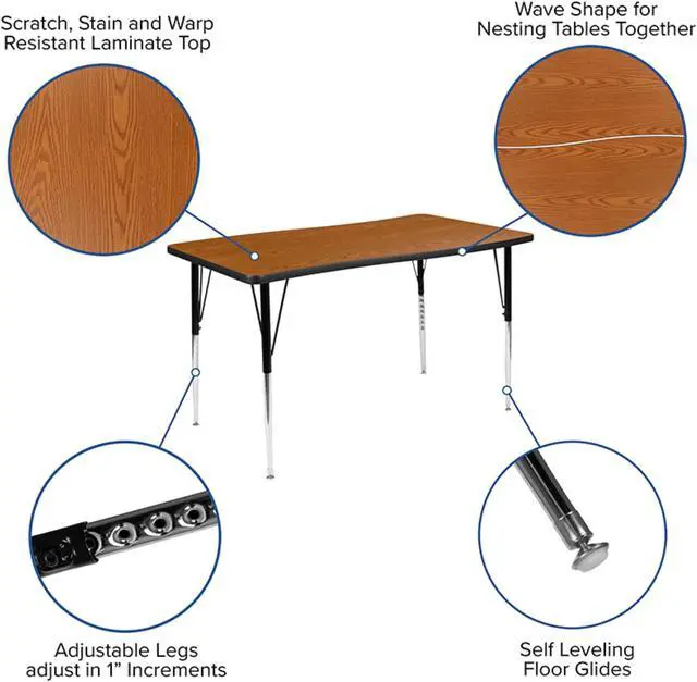 Alt view image 2 of 11 - 28"W x 47.5"L Rectangular Wave Flexible Collaborative Oak Finish Laminate Activity Table - Standard Height Adjustable Legs