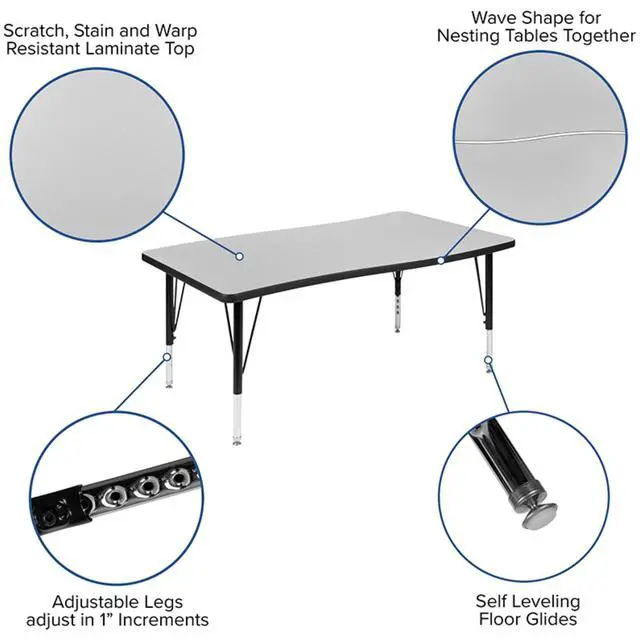Alt view image 2 of 11 - 28"W x 47.5"L Rectangular Wave Flexible Collaborative Grey Thermal Laminate Activity Table - Height Adjustable Short Legs