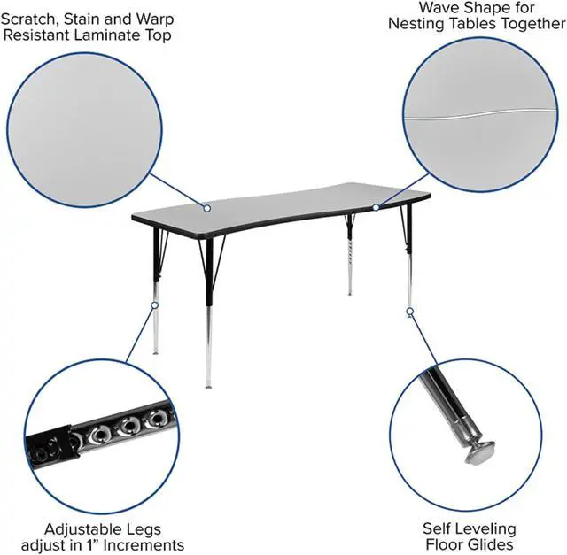 Alt view image 2 of 20 - 26"W x 60"L Rectangular Wave Flexible Collaborative Grey Thermal Laminate Activity Table - Standard Height Adjustable Legs
