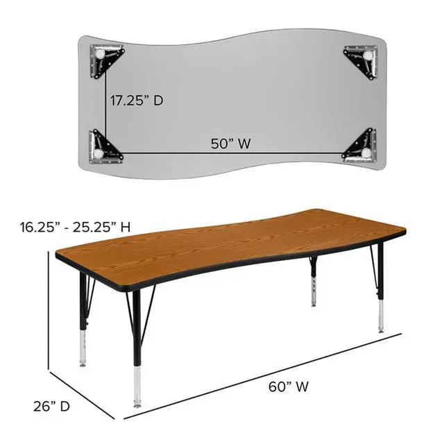 Alt view image 3 of 11 - 26"W x 60"L Rectangular Wave Flexible Collaborative Oak Thermal Laminate Activity Table - Height Adjustable Short Legs