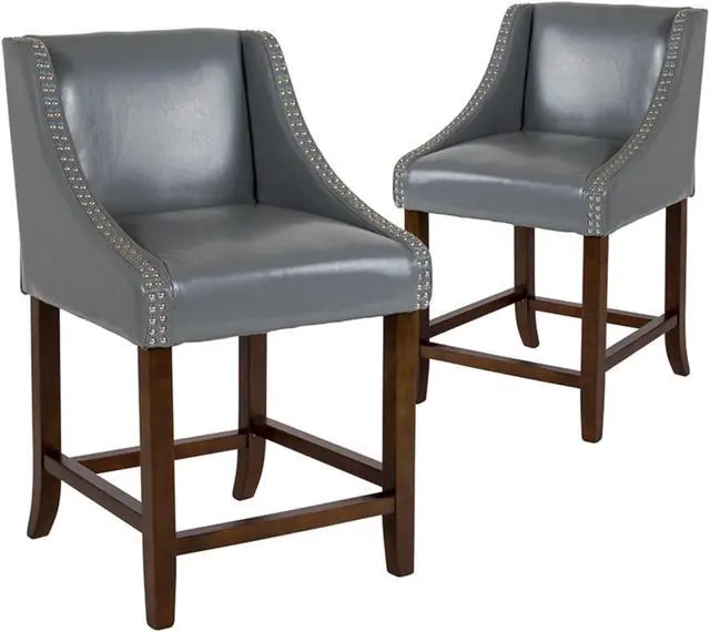 Alt view image 2 of 5 - Carmel Series 24" High Transitional Walnut Counter Height Stool with Nail Trim in Light Gray LeatherSoft, Set of 2