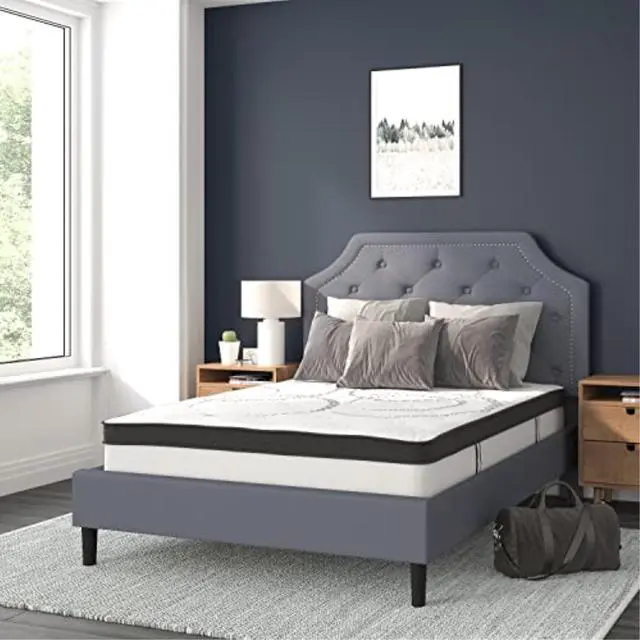 Alt view image 9 of 20 - Brighton Full Size Tufted Upholstered Platform Bed in Light Gray Fabric with 10 Inch CertiPUR-US Certified Pocket Spring Mattress