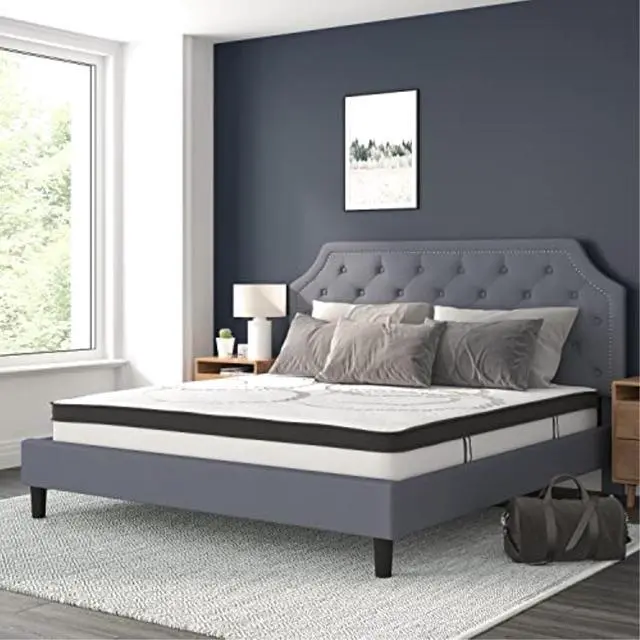 Alt view image 9 of 20 - Brighton King Size Tufted Upholstered Platform Bed in Light Gray Fabric with 10 Inch CertiPUR-US Certified Pocket Spring Mattress