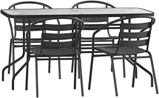 Alt view image 11 of 20 - 5 Piece Outdoor Patio Dining Set - 55" Tempered Glass Patio Table with Umbrella Hole, 4 Black Metal Aluminum Slat Stack Chairs