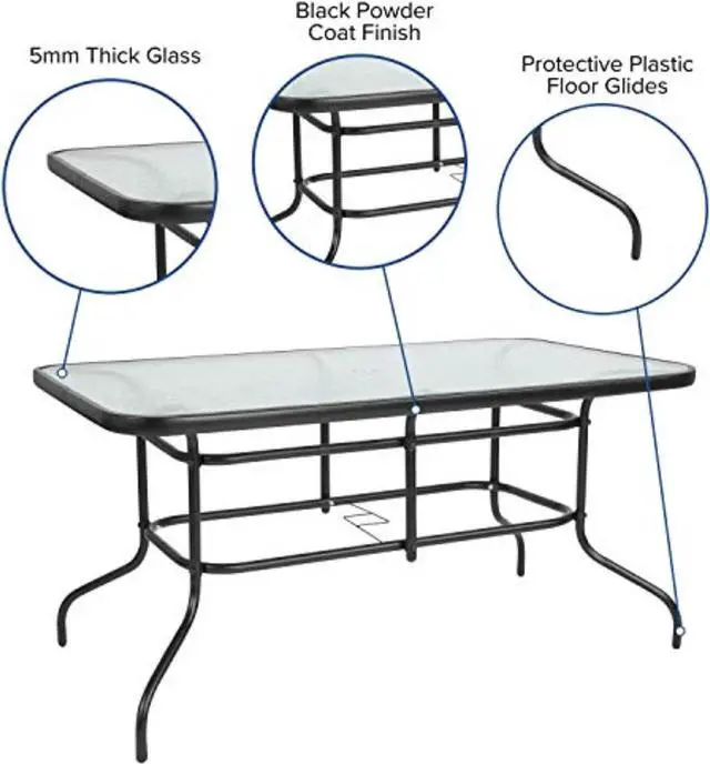 Alt view image 15 of 20 - 5 Piece Outdoor Patio Dining Set - 55" Tempered Glass Patio Table with Umbrella Hole, 4 Black Metal Aluminum Slat Stack Chairs