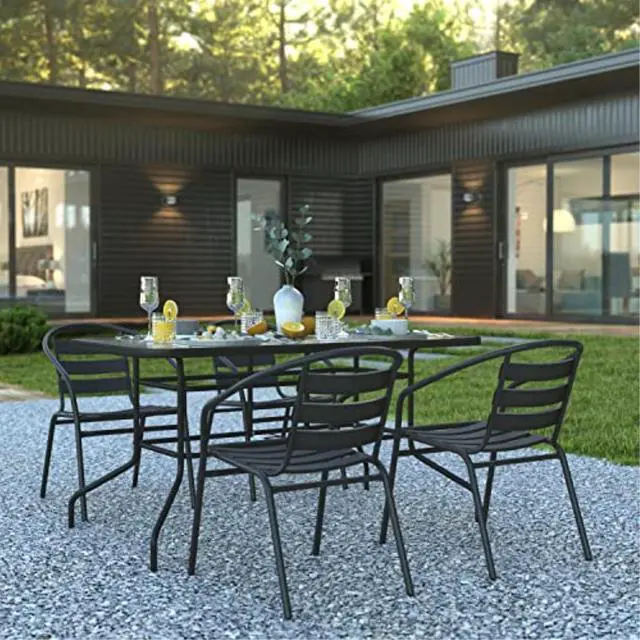 Alt view image 13 of 20 - 5 Piece Outdoor Patio Dining Set - 55" Tempered Glass Patio Table with Umbrella Hole, 4 Black Metal Aluminum Slat Stack Chairs