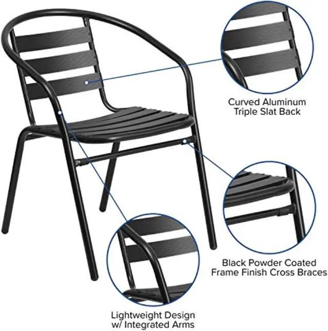 Alt view image 16 of 20 - 5 Piece Outdoor Patio Dining Set - 55" Tempered Glass Patio Table with Umbrella Hole, 4 Black Metal Aluminum Slat Stack Chairs