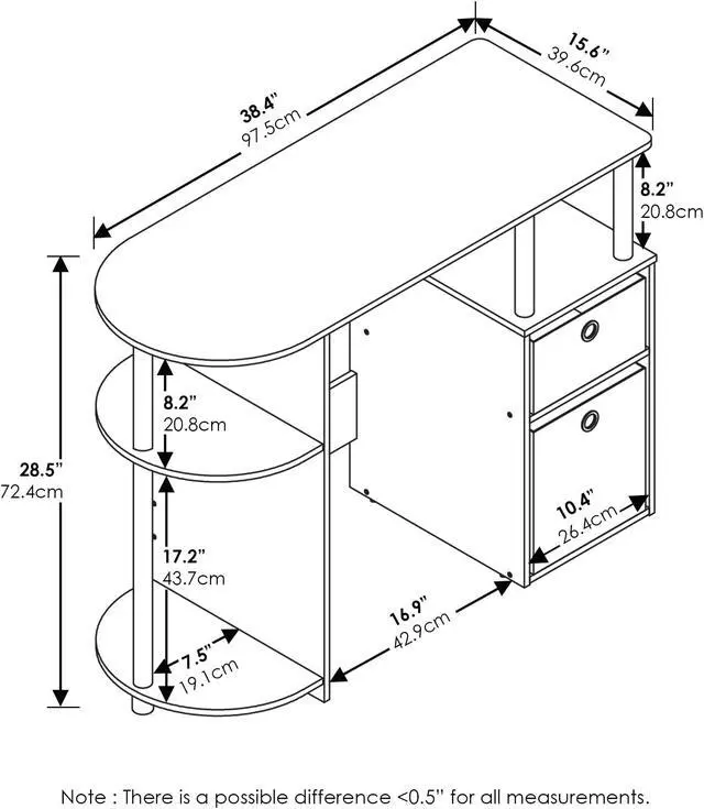 Alt view image 2 of 5 - Furinno 15111 JAYA Simplistic Computer Study Desk with Bin Drawers, Americano, Stainless Steel Tubes