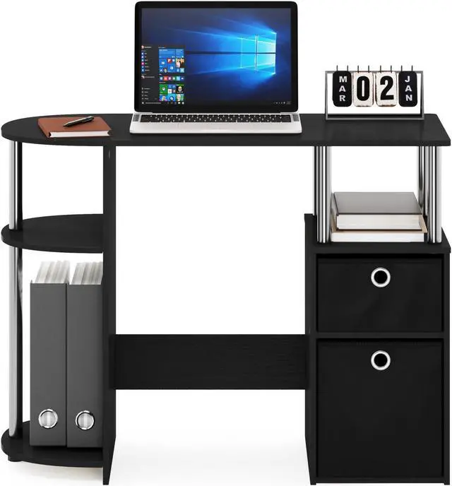 Alt view image 5 of 5 - Furinno 15111 JAYA Simplistic Computer Study Desk with Bin Drawers, Americano, Stainless Steel Tubes