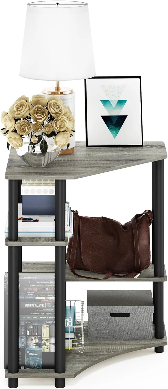 Alt view image 4 of 6 - Furinno Turn-N-Tube Space Saving Corner Desk with Shelves, French Oak Grey/Black