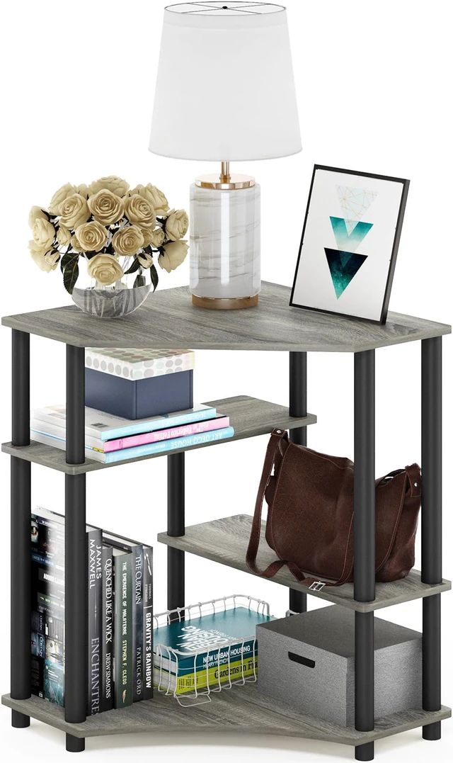 Alt view image 3 of 6 - Furinno Turn-N-Tube Space Saving Corner Desk with Shelves, French Oak Grey/Black