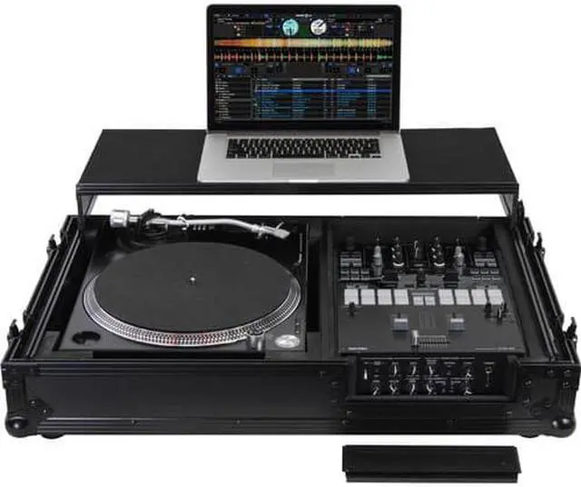 Main image of BLACK LABEL LOW PROFILE (1-TEIR) GLIDE STYLE DJ COFFIN W/WHLS FOR A 10" FORMAT DJ MIXER & ONE TURNTABLE IN BATTLE POSITION