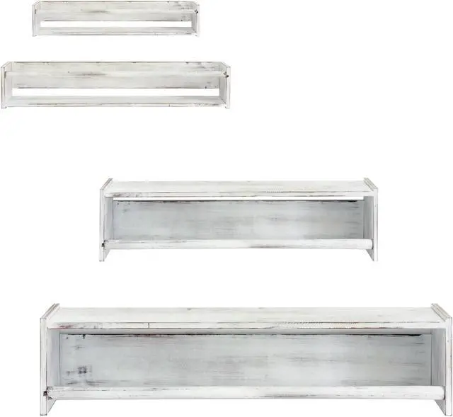 Main image of Wood Floating Wall Shelf Distressed White Set of 2
