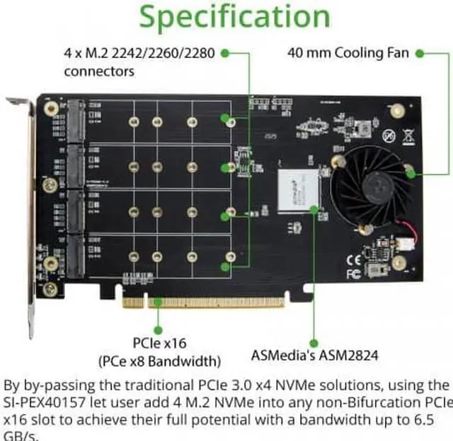 Alt view image 9 of 9 - QUAD M.2 NVMe Ports to PCIe 3.0 x16 Interface ( x8 Bandwidth) Bifurcation Riser Controller