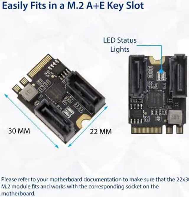 Alt view image 6 of 9 - 2 Ports NON-RAID SATA III 6gb/s to M.2 A+E Key 22x30 mm Jmicron JMB582