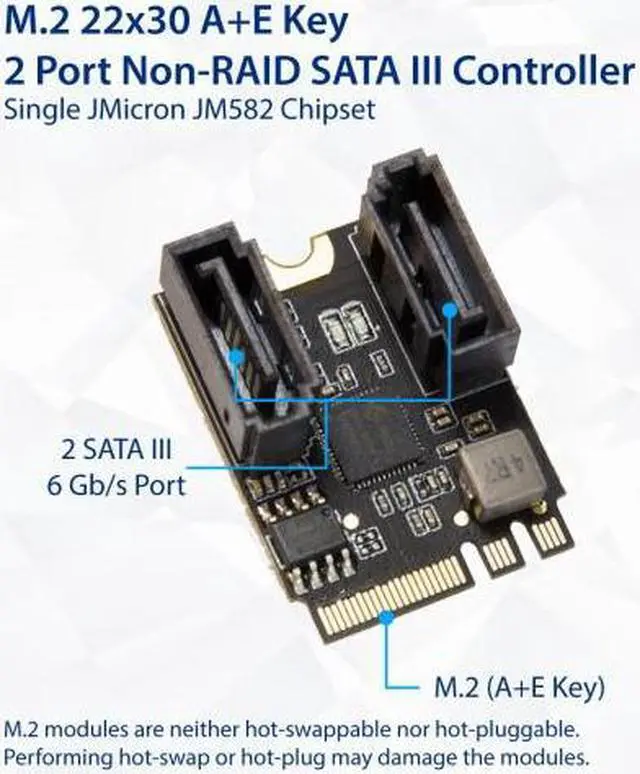 Alt view image 8 of 9 - 2 Ports NON-RAID SATA III 6gb/s to M.2 A+E Key 22x30 mm Jmicron JMB582