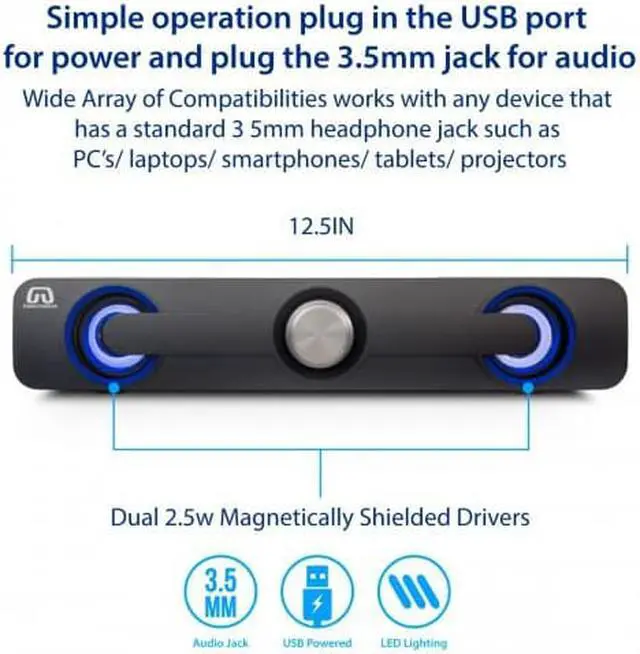 Alt view image 10 of 15 - Desktop Compact USB Powered Wired Multimedia Mini Stereo Sound Bar 3.5mm Audio Jack Blue LED 2.5 Watts