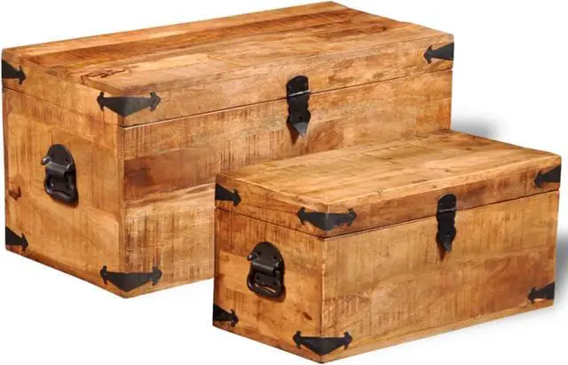 Alt view image 10 of 11 - vidaXL Set of 2 Mango Wood Blanket Toy Storage Chests Boxes Trunks Home Decor