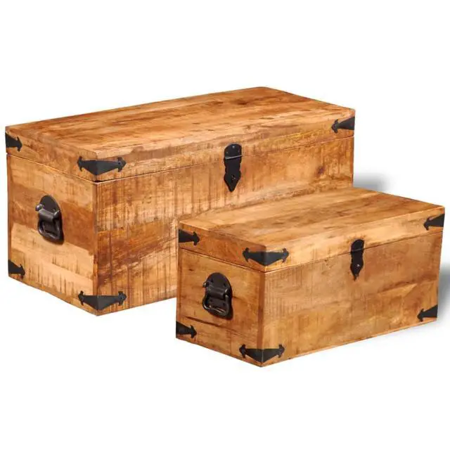 Alt view image 11 of 11 - vidaXL Set of 2 Mango Wood Blanket Toy Storage Chests Boxes Trunks Home Decor