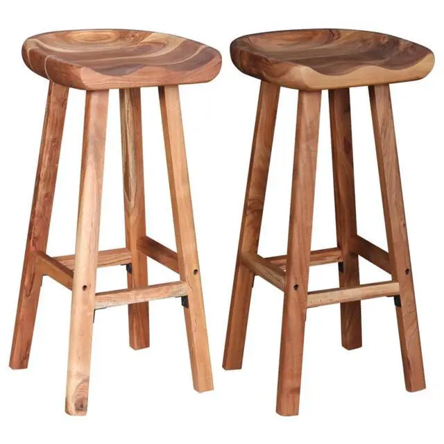 Alt view image 16 of 19 - vidaXL 2x Bar Stool Solid Acacia Wood Kitchen Counter Pub Chair Seat Furniture