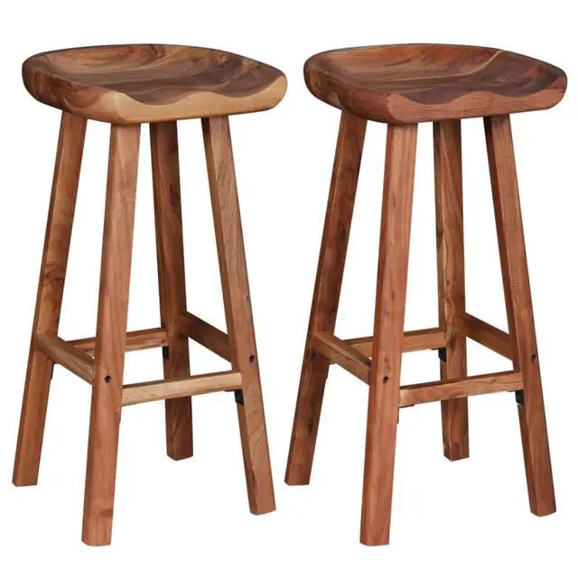 Alt view image 17 of 19 - vidaXL 2x Bar Stool Solid Acacia Wood Kitchen Counter Pub Chair Seat Furniture