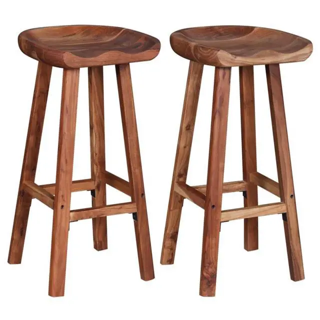 Alt view image 18 of 19 - vidaXL 2x Bar Stool Solid Acacia Wood Kitchen Counter Pub Chair Seat Furniture
