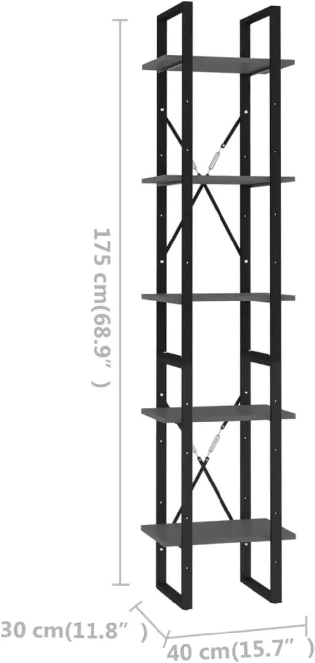 Alt view image 6 of 13 - vidaXL 5-Tier Book Cabinet Gray 15.7" x 11.8" x 69.9" Chipboard
