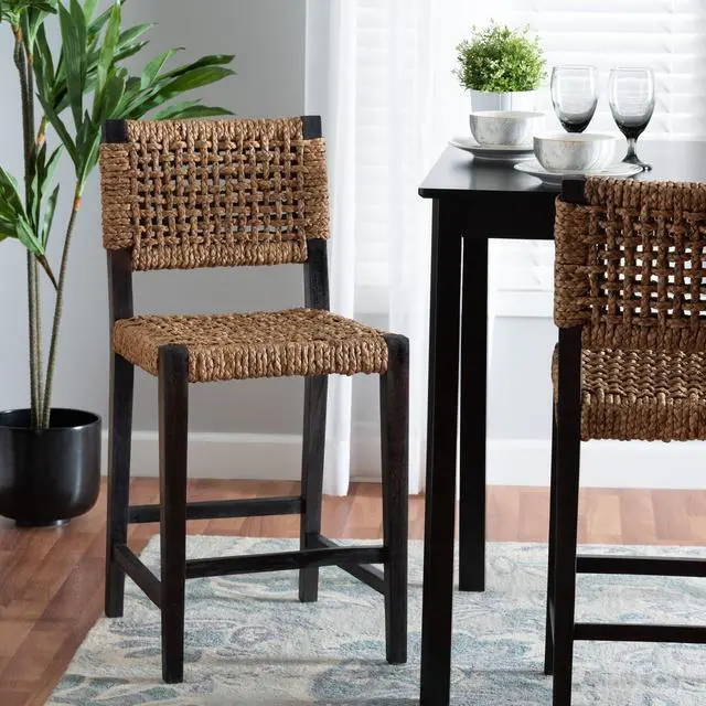 Alt view image 13 of 13 - Baxton Studio Alise Modern Bohemian Dark Brown Mahogany Wood and Banana Fiber Counter Stool