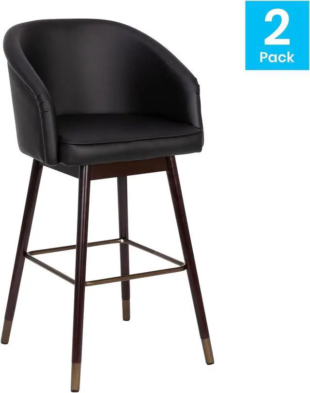 Main image of Margo 30" Commercial Grade Mid-Back Modern Barstool with Walnut Finish Beechwood Legs and Curved Back, Black LeatherSoft/Bronze Accents-Set of 2
