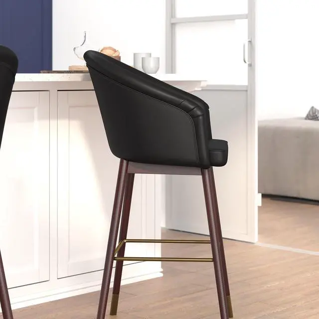 Alt view image 4 of 20 - Margo 30" Commercial Grade Mid-Back Modern Barstool with Walnut Finish Beechwood Legs and Curved Back, Black LeatherSoft/Bronze Accents-Set of 2