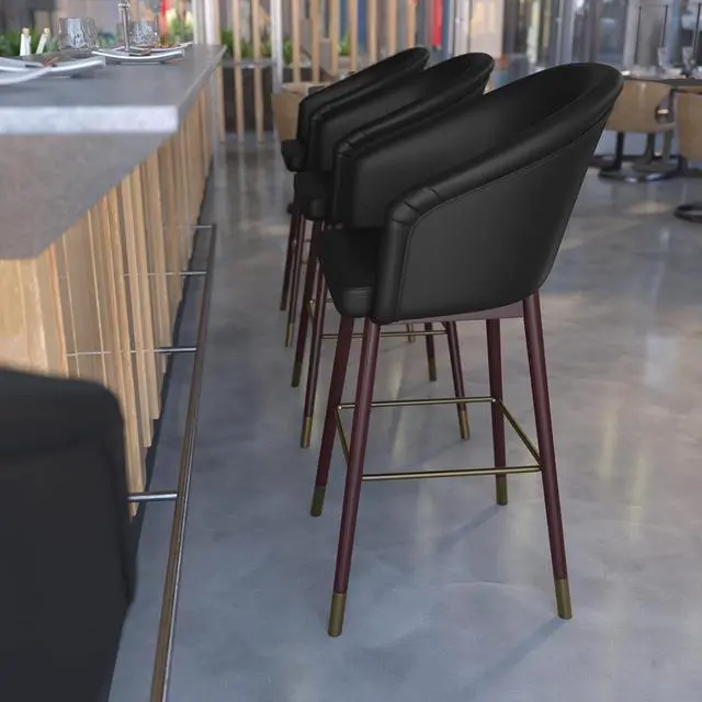 Alt view image 3 of 20 - Margo 30" Commercial Grade Mid-Back Modern Barstool with Walnut Finish Beechwood Legs and Curved Back, Black LeatherSoft/Bronze Accents-Set of 2