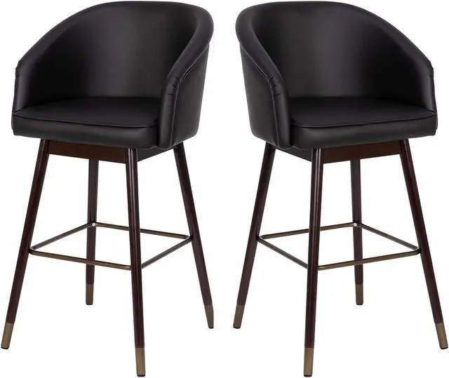 Alt view image 5 of 20 - Margo 30" Commercial Grade Mid-Back Modern Barstool with Walnut Finish Beechwood Legs and Curved Back, Black LeatherSoft/Bronze Accents-Set of 2