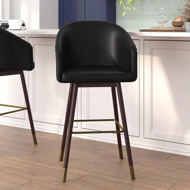 Alt view image 6 of 20 - Margo 30" Commercial Grade Mid-Back Modern Barstool with Walnut Finish Beechwood Legs and Curved Back, Black LeatherSoft/Bronze Accents-Set of 2