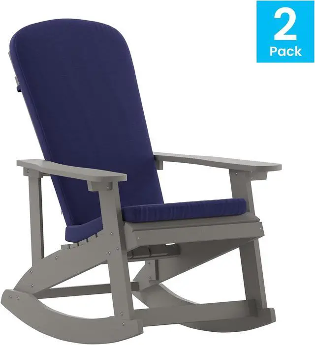 Main image of Charlestown Set of 2 All-Weather Poly Resin Wood Adirondack Chairs in Slate Gray with Blue Cushions for Deck, Porch, and Patio