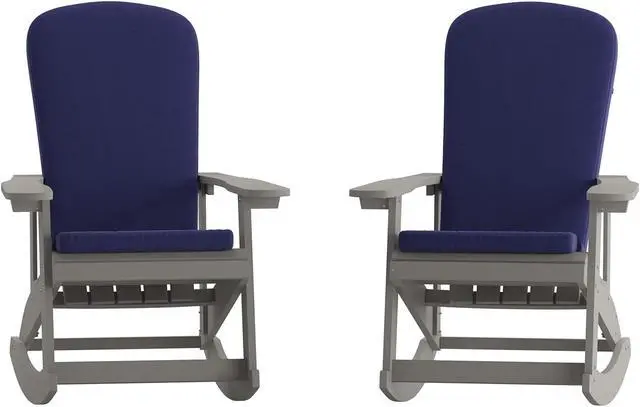 Alt view image 3 of 13 - Charlestown Set of 2 All-Weather Poly Resin Wood Adirondack Chairs in Slate Gray with Blue Cushions for Deck, Porch, and Patio