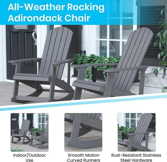 Alt view image 5 of 13 - Charlestown Set of 2 All-Weather Poly Resin Wood Adirondack Chairs in Slate Gray with Blue Cushions for Deck, Porch, and Patio