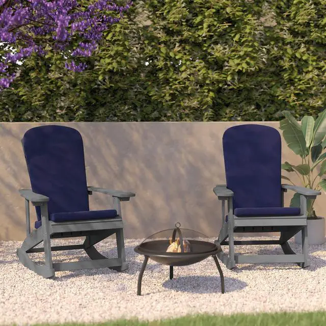Alt view image 6 of 13 - Charlestown Set of 2 All-Weather Poly Resin Wood Adirondack Chairs in Slate Gray with Blue Cushions for Deck, Porch, and Patio