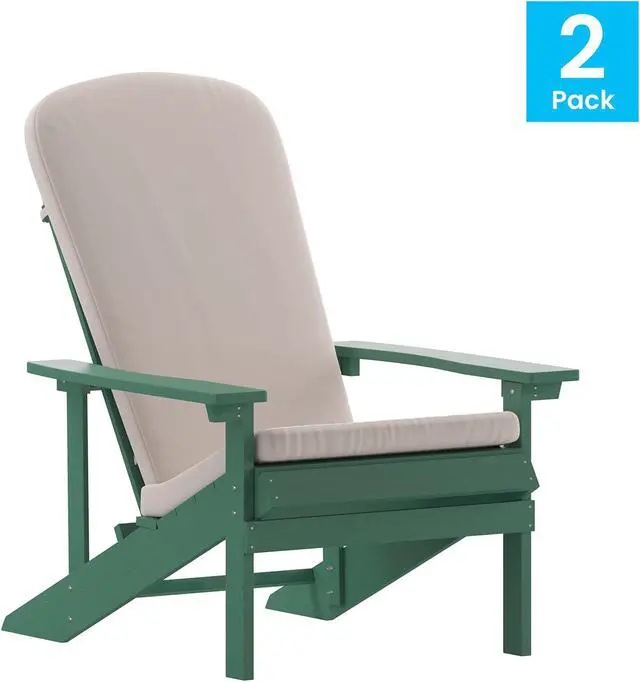 Main image of Charlestown Set of 2 All-Weather Poly Resin Wood Adirondack Chairs in Green with Cream Cushions for Deck, Porch, and Patio